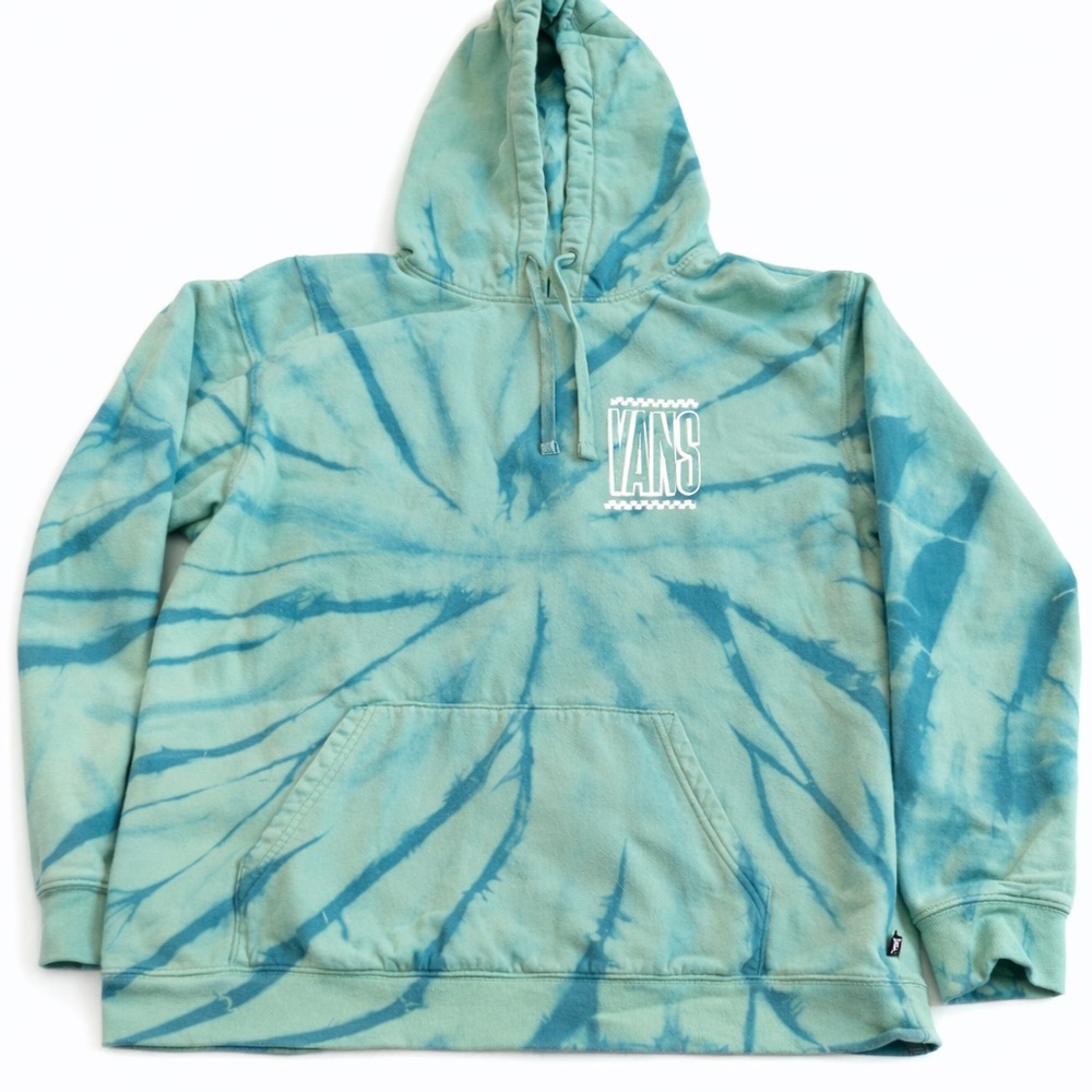 Vans Green Blue Tie Dye Logo Pullover Hoodie Size L Skate Streetwear